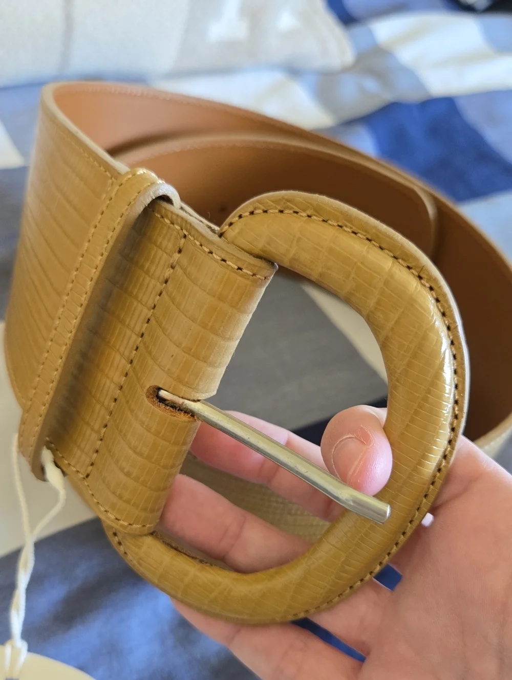 Sezane Masha Wide Tan Lizard-Texture Belt with Round Buckle, VGUC, Paris Chic